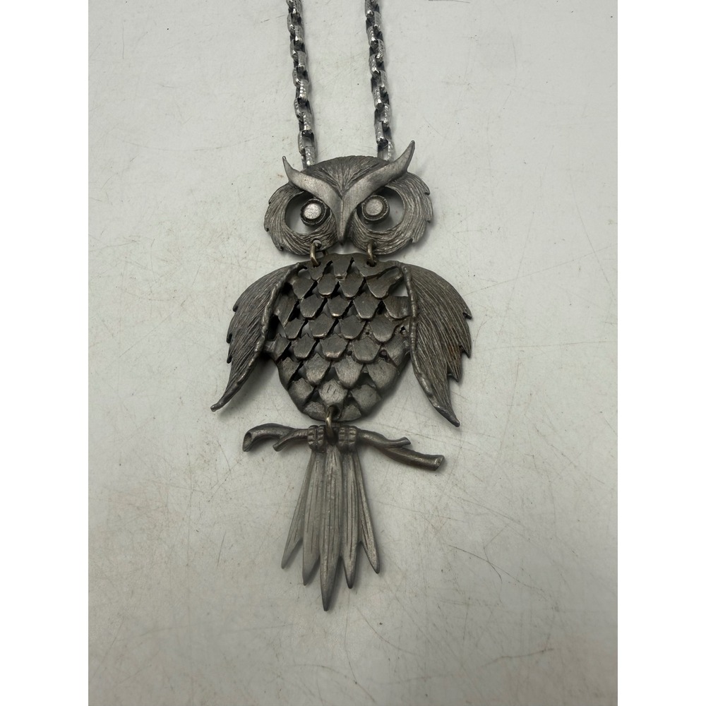 Vintage Articulated Owl Pendant Necklace Silver Tone Textured Mid Century Boho